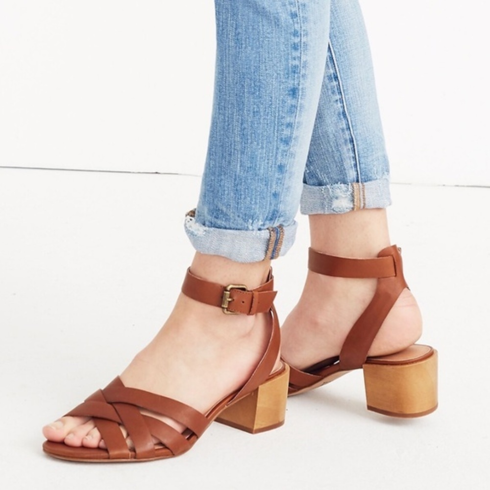 Madewell ‘The Lucy Sandal’ Woven Leather Block Heel Sandals in Brown Size 7